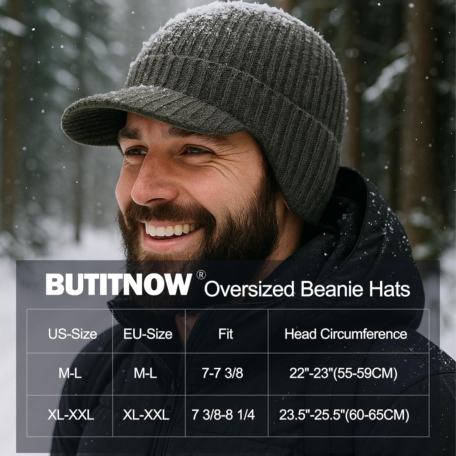 Plus Size M/L/XL/XXL Waterproof Merino Wool Beanie Hat with Brim Ear Flaps Fleece Lined Ski Cap for Cold Weather & Big Heads - Image 2