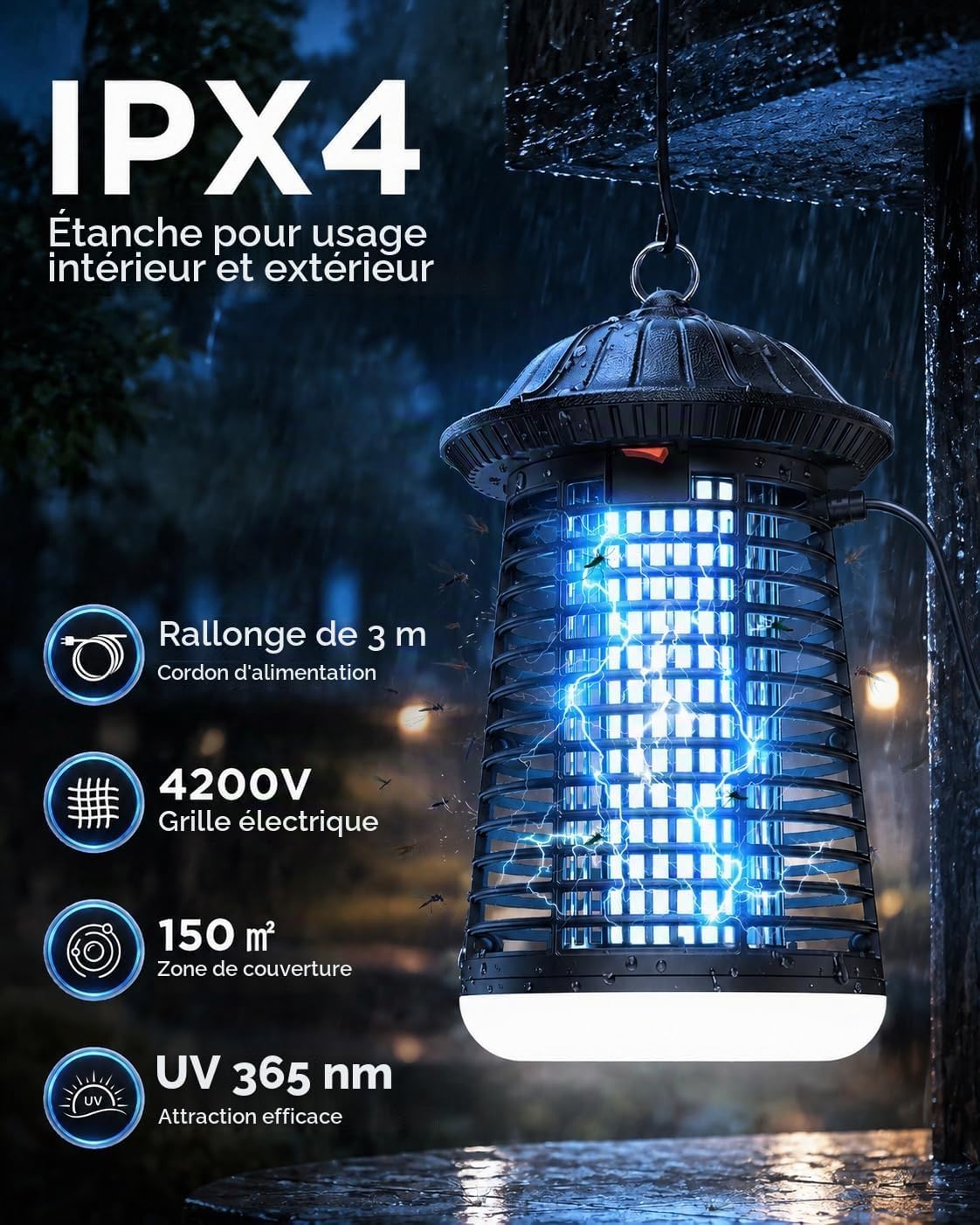 Lampe Anti Moustique,4200V Piege a Mouche,Câble 3m,Couverture 150 m² - Mise en situation et utilisation