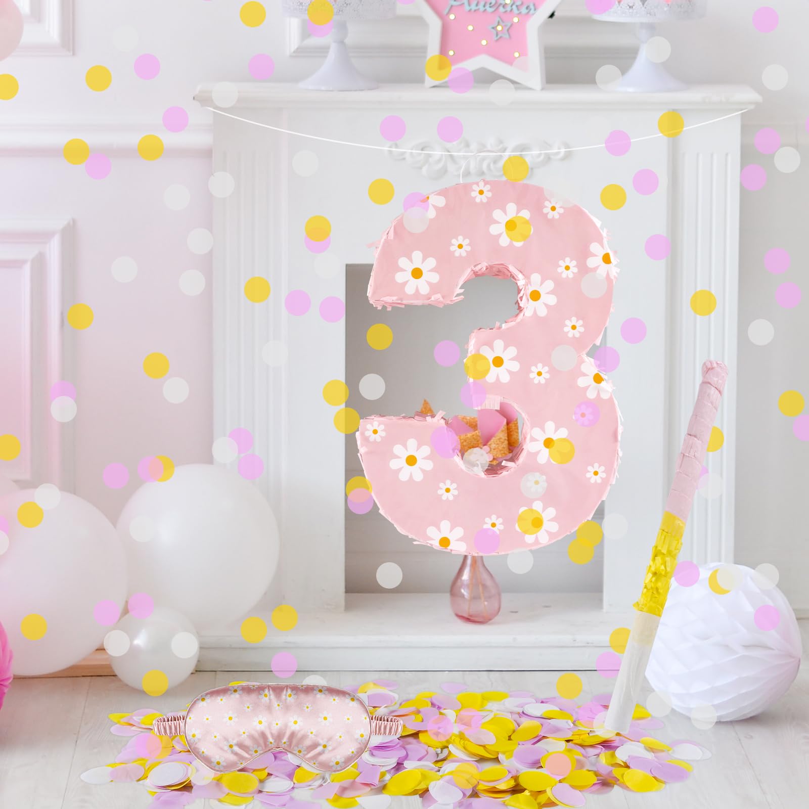 Decoraciones de cumpleaños de margaritas, piñata número 3 con palo vendado, confeti para flores rosas, suministros para fiesta de tercer cumpleaños (margarita 3)