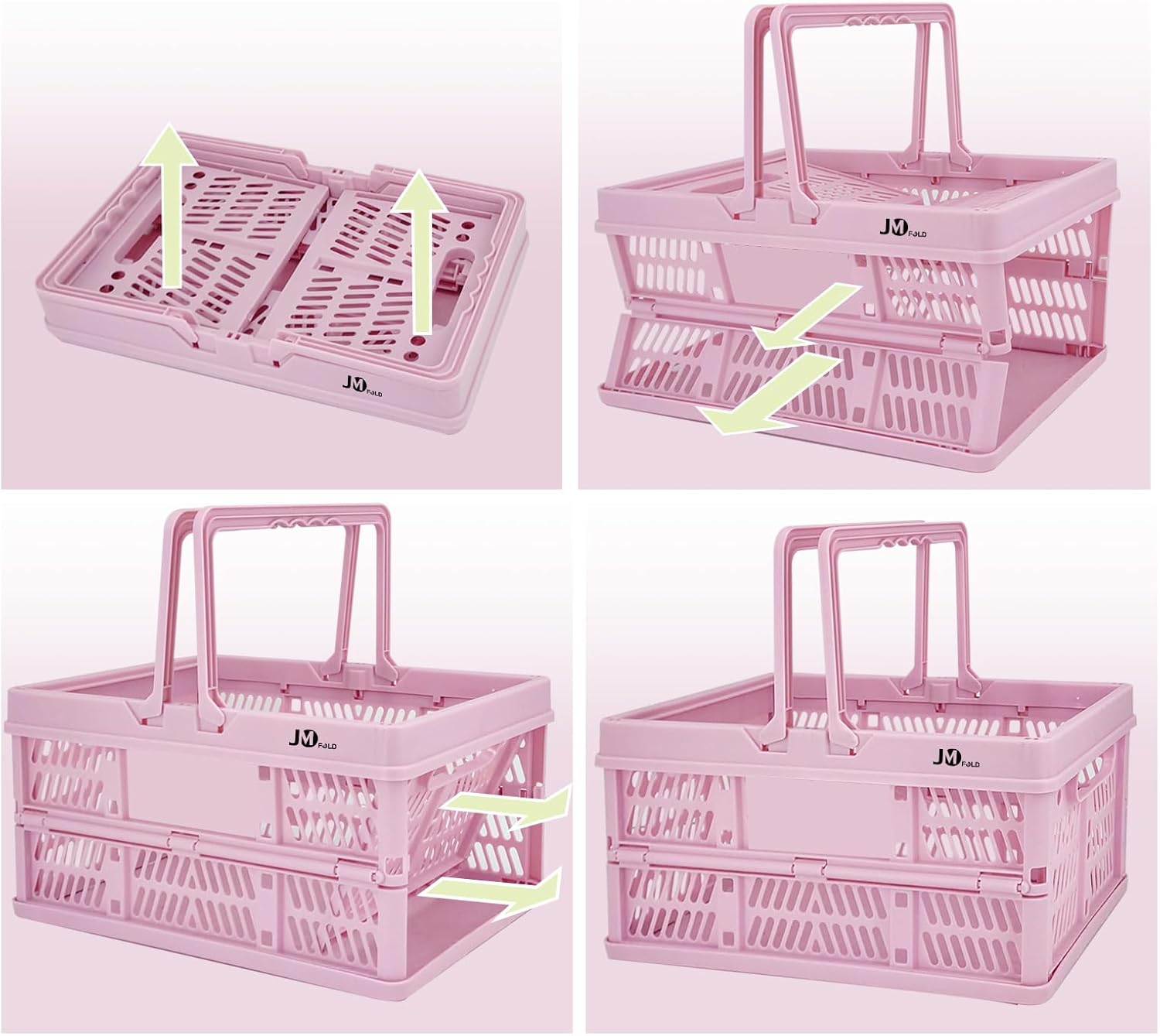 2-Pack Folding Storage Basket, 20L Collapsible Plastic Storage Crates with Handles, Heavy-Duty Stackable Bins for Home Organization, Closet, Office, Garage （Pink）