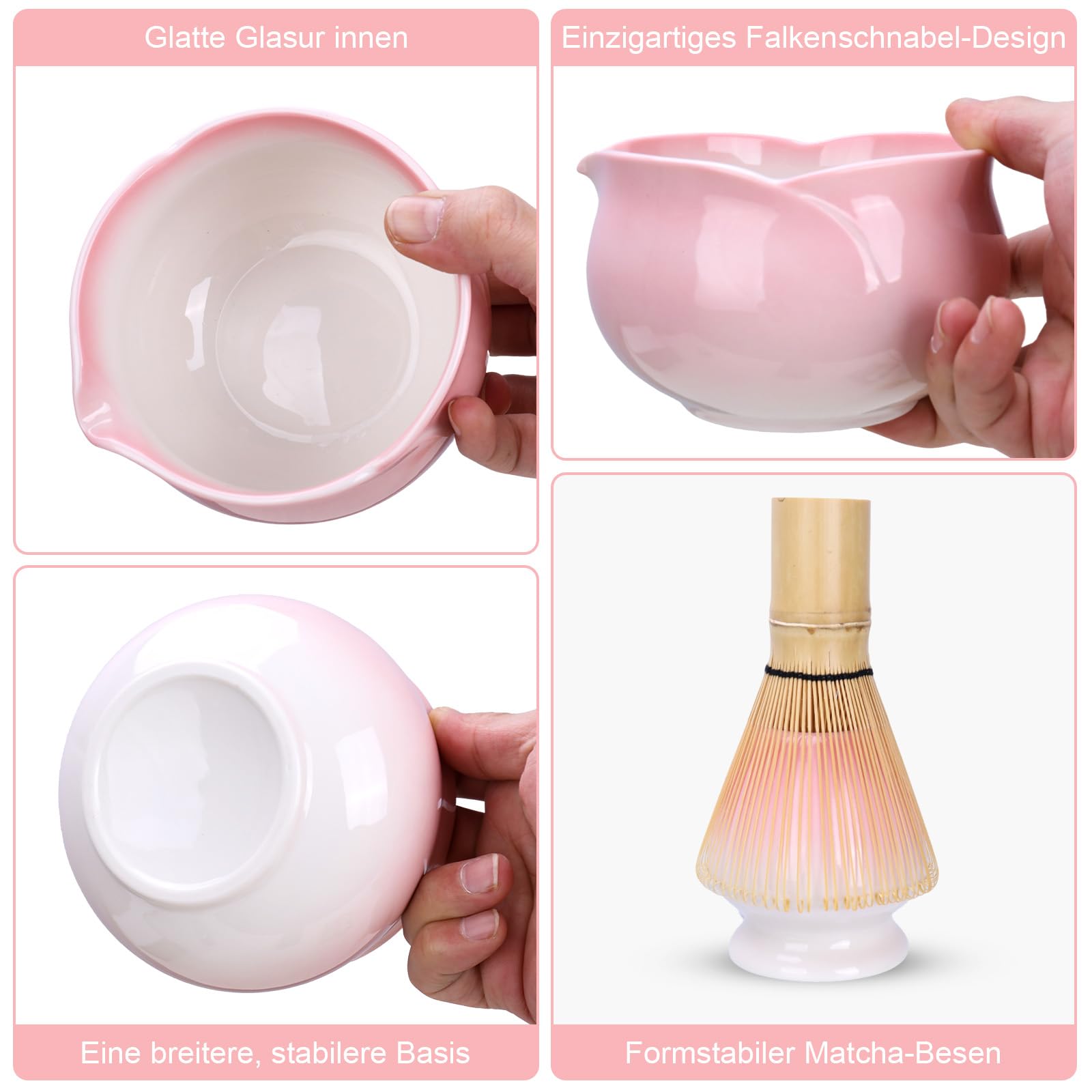 Matcha, set matcha, rosa, a forma di petale, ciotola per matcha, con beccuccio, agitatore e supporto, cucchiaio per matcha, set da tè matcha, set da 4 pezzi, rosa per gli amanti del matcha