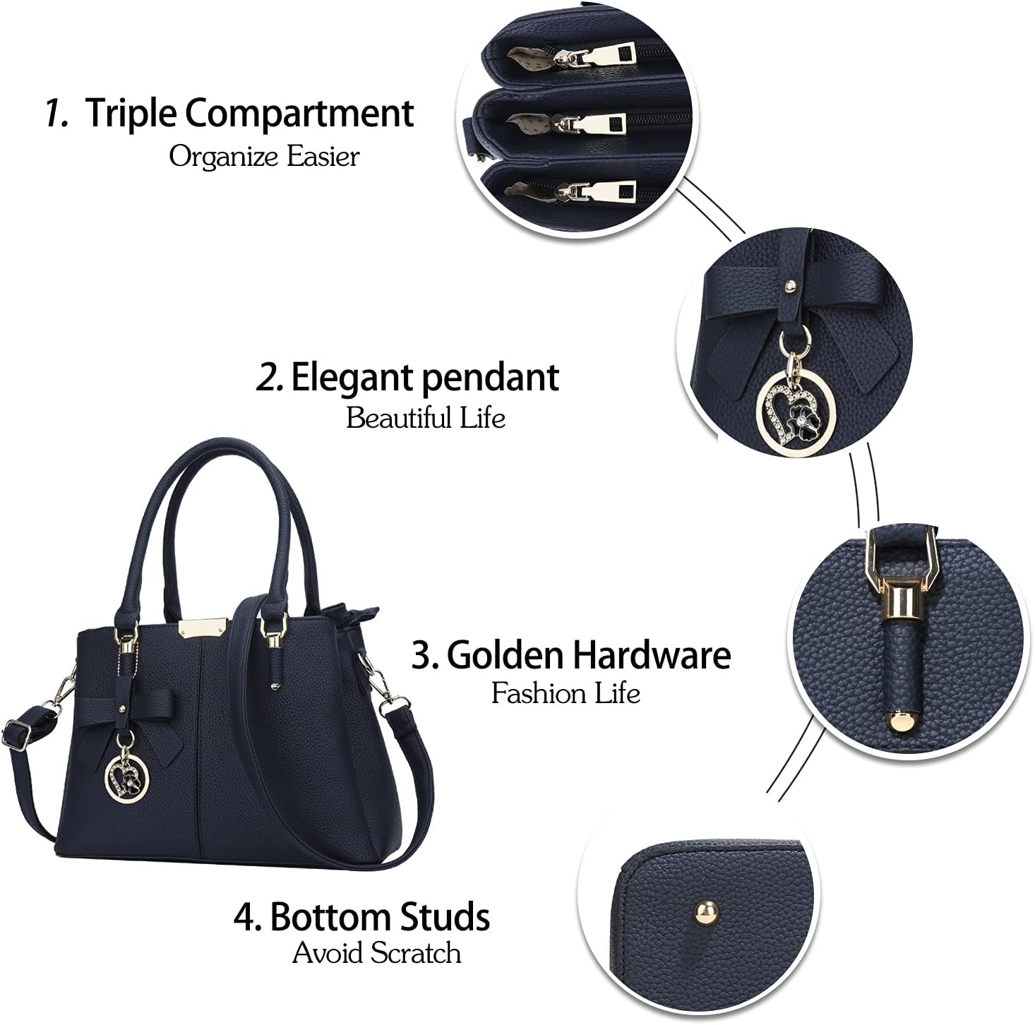 KKXIU 3 Zippered Compartments Purses and Handbags for Women Top Handle Satchel Shoulder Ladies Bags - Image 4