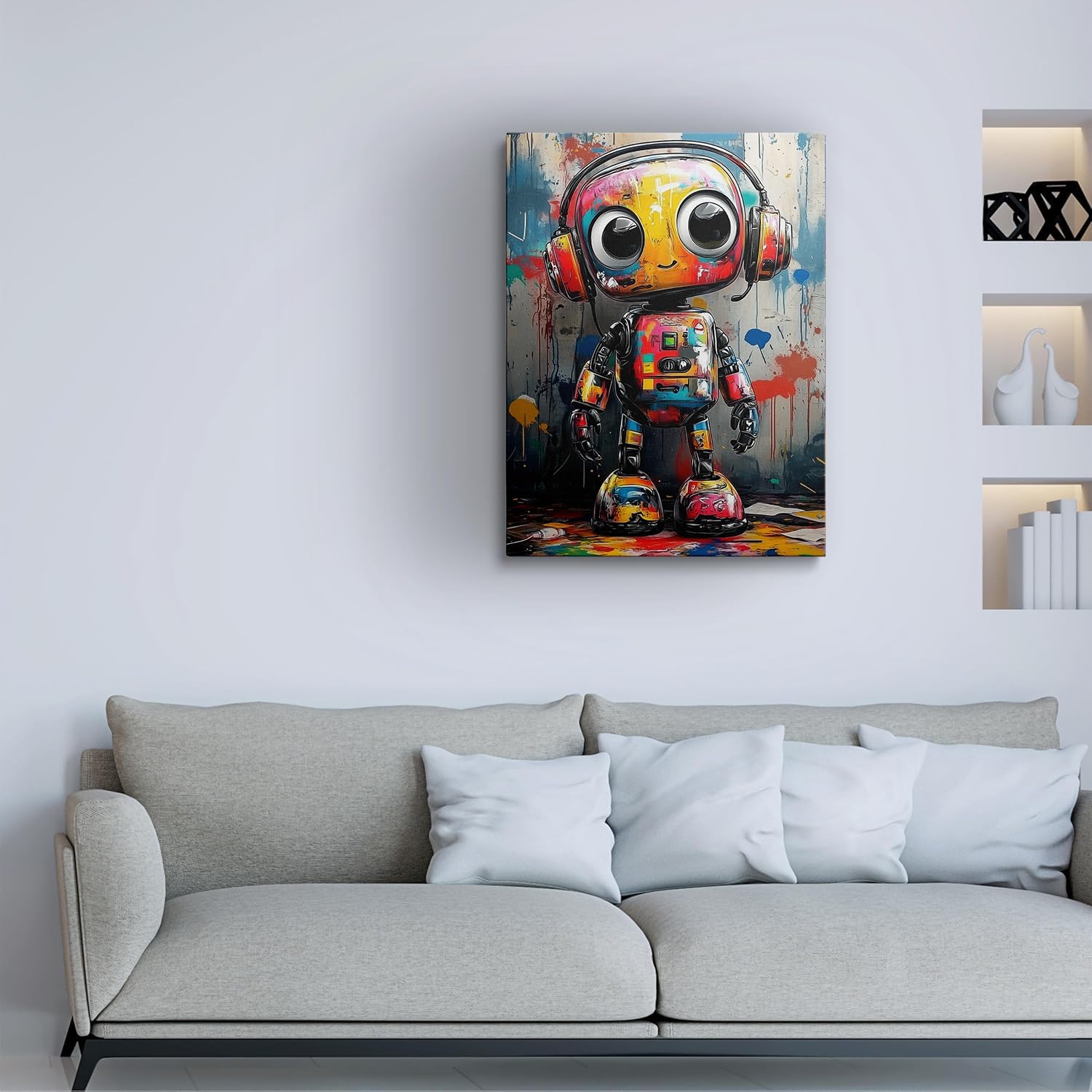 Cute Modern Colorful Banksy Picture Wall Decor Framed Cool Colorful Graffiti Robot Canvas Wall Art Pop Prints Poster Funny Urban Contemporary Painting Poster for Living Room Bathroom Bedroom (12"x16")