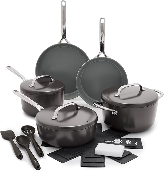 GreenPan GP5 Hard Anodized Healthy Ceramic Nonstick 14 Piece Cookware Pots and Pans Set، Heavy Gauge Scratch Resistant، Stay-Flat Surface، Induction، Mirror Finish Handle، Oven Safe، PFAS-Free، Cocoa