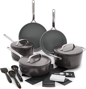 GreenPan GP5 Hard Anodized Healthy Ceramic Nonstick 14 Piece Cookware Pots and Pans Set، Heavy Gauge Scratch Resistant، Stay-Flat Surface، Induction، Mirror Finish Handle، Oven Safe، PFAS-Free، Cocoa