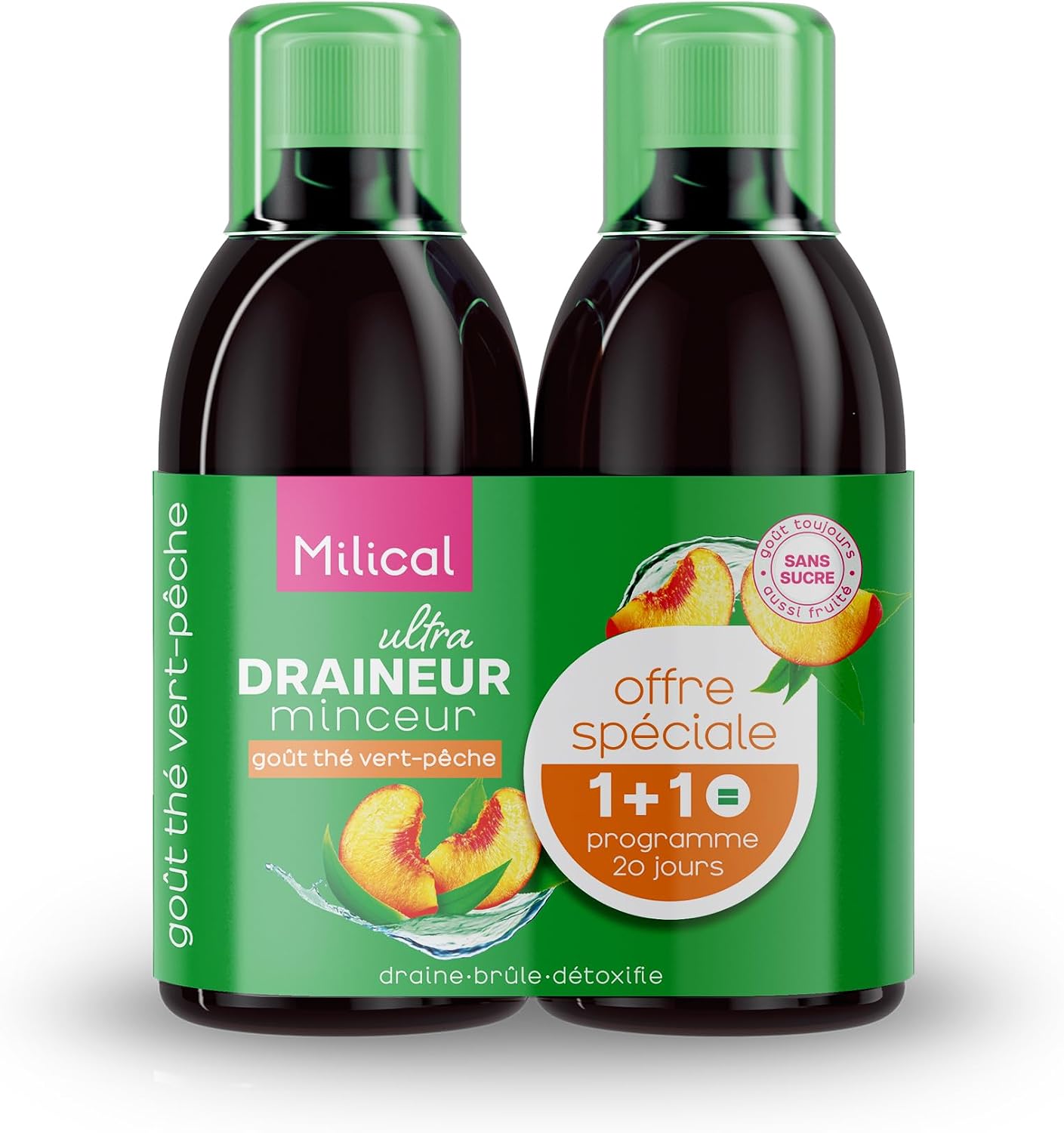 MILICAL Draineur Ultra Minceur| Lot de 2 Flacons de 500 ml | Draineurs sans sucres avec Édulcorant, saveur Thé Vert-Pêch