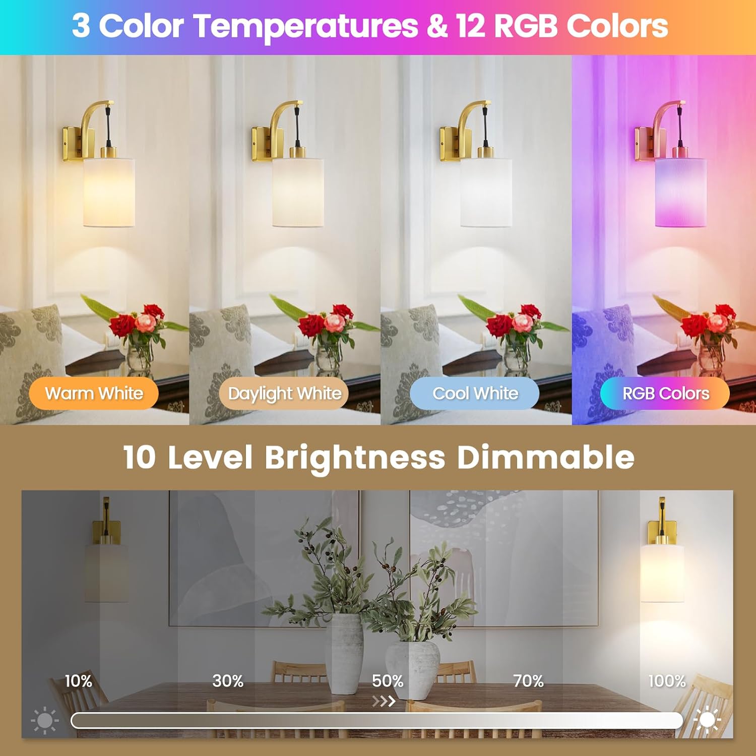 Battery Operated Wall Sconce, Wireless Rechargeable Wall Lights, Gold Sconces Wall Decor Set of 2 with Remotes Dimmable 15 Colors Detachable Bulbs, Indoor Wall Lamps for Bedroom Living Room Hallway