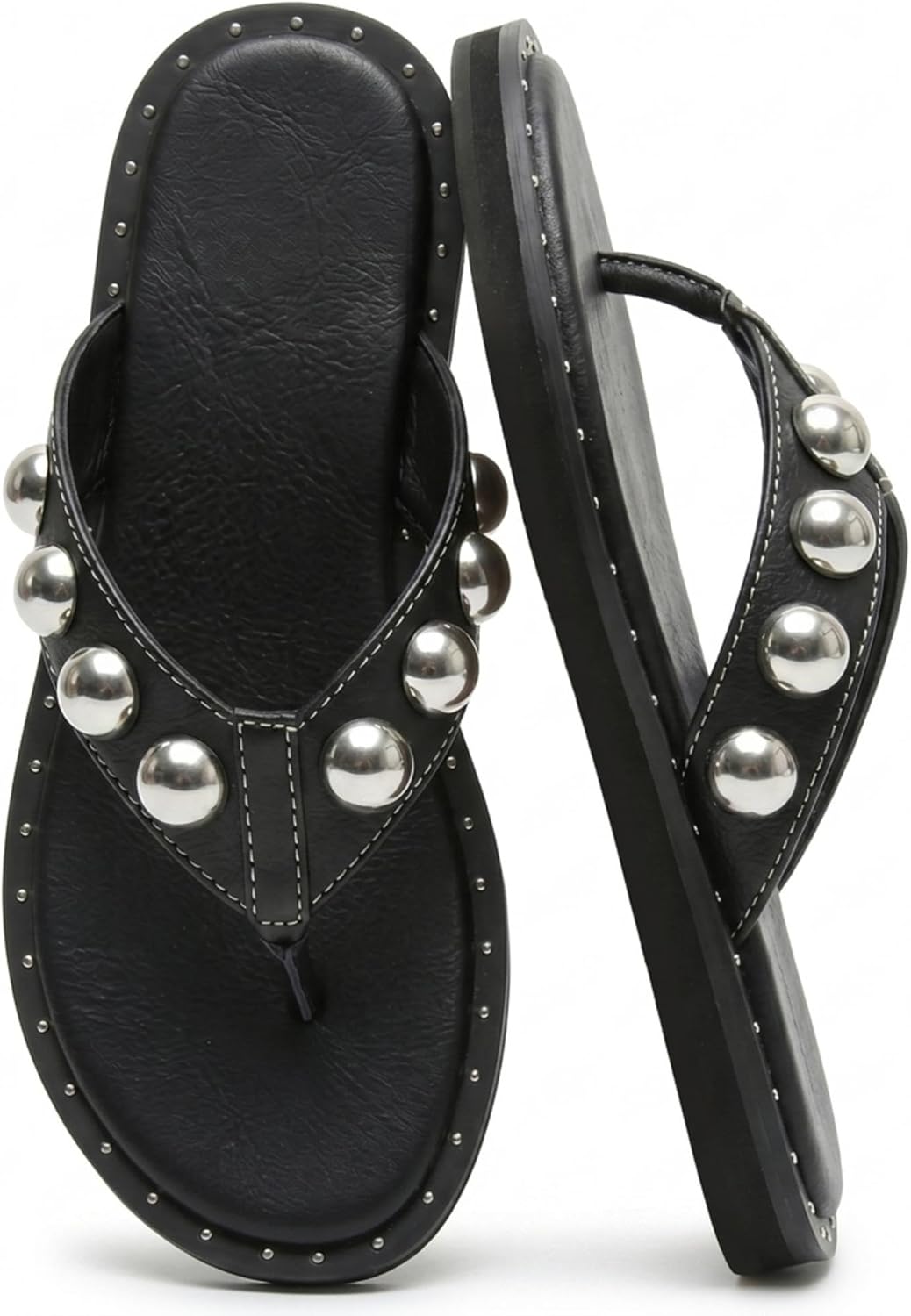 Riekhany Studded Thong Sandals for Women Round Clip Toe Slip On Flip Flops Slides Comfortable Contrast Tacked Slipper Shoes