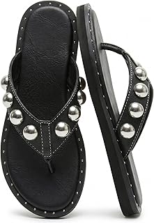 Riekhany Studded Thong Sandals for Women Round Clip Toe Slip On Flip Flops Slides Comfortable Contrast Tacked Slipper Shoes Price In India