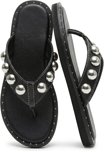 Riekhany Studded Thong Sandals for Women Round Clip Toe Slip On Flip Flops Slides Comfortable Contrast Tacked Slipper Shoes