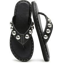Riekhany Studded Thong Sandals for Women Round Clip Toe Slip On Flip Flops Slides Comfortable Contrast Tacked Slipper Shoes