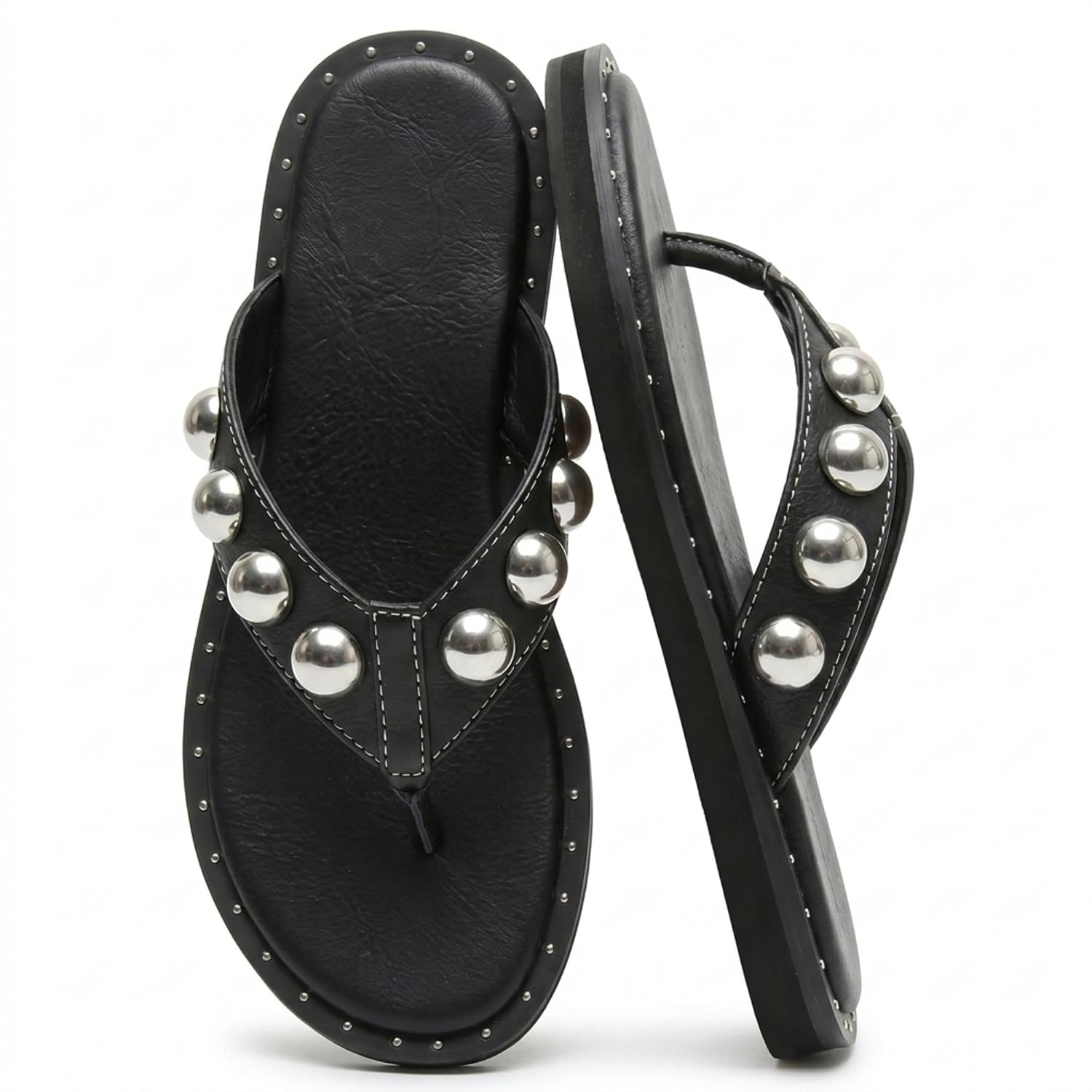 Riekhany Studded Thong Sandals for Women Round Clip Toe Slip On Flip Flops Slides Comfortable Contrast Tacked Slipper Shoes