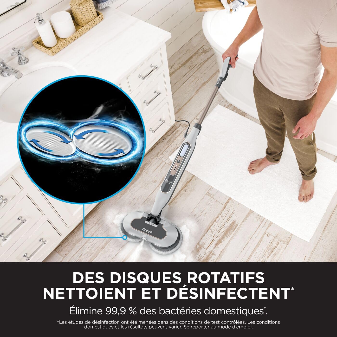 Shark Steam Mop Balai automatique à vapeur et à récurer, 3 réglages vapeur, assainit, élimine taches et saleté, 2 tampons rotatifs, utilisation sur tous les sols durs scellés, blanc et gris, S8201EU