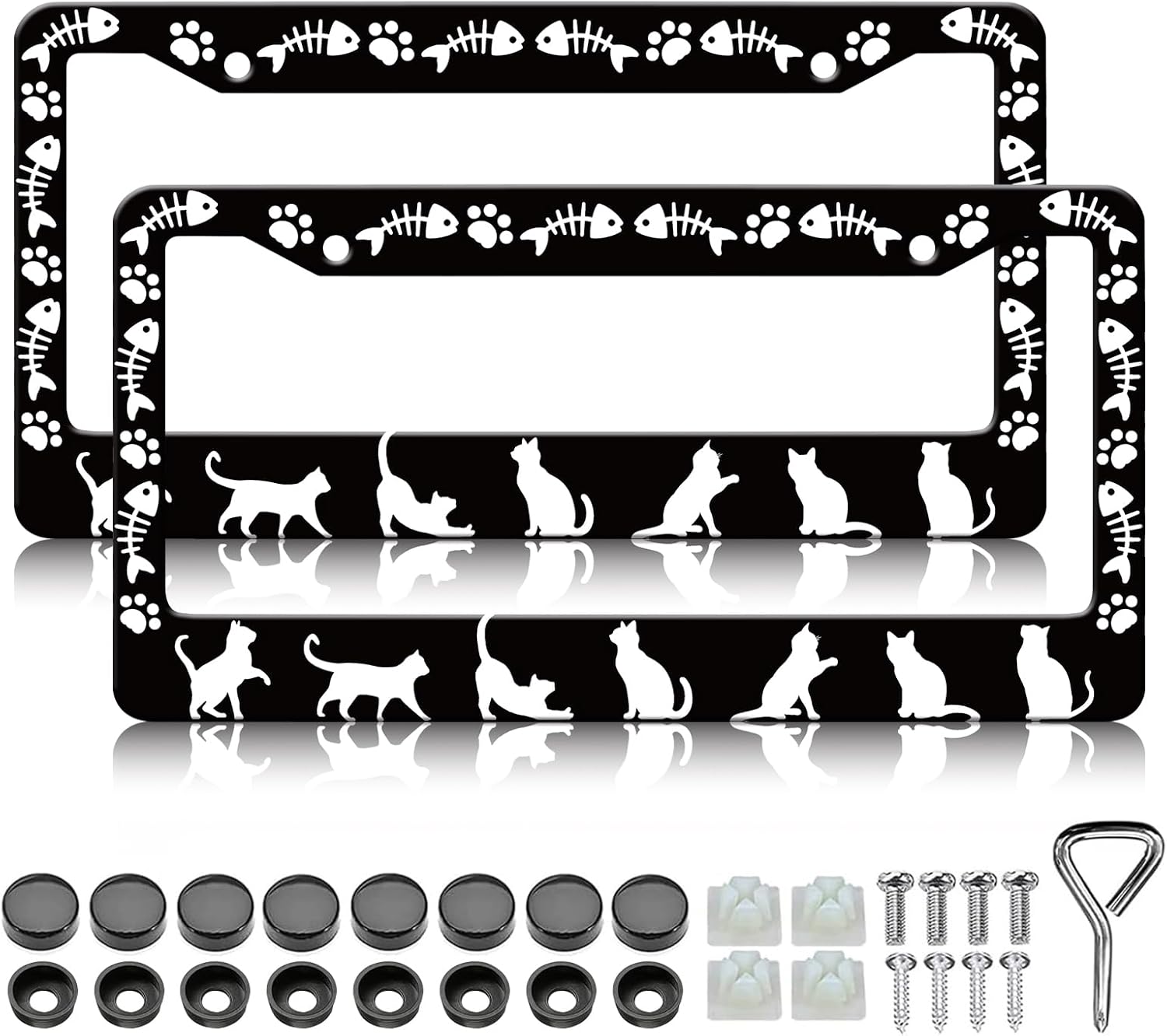 Cute Cat License Plate Frame - 2PCS Funny Fish Bone Cat Aluminium Metal License Plate Holder, Rust-Proof Waterproof Car Decorative Tag Frames