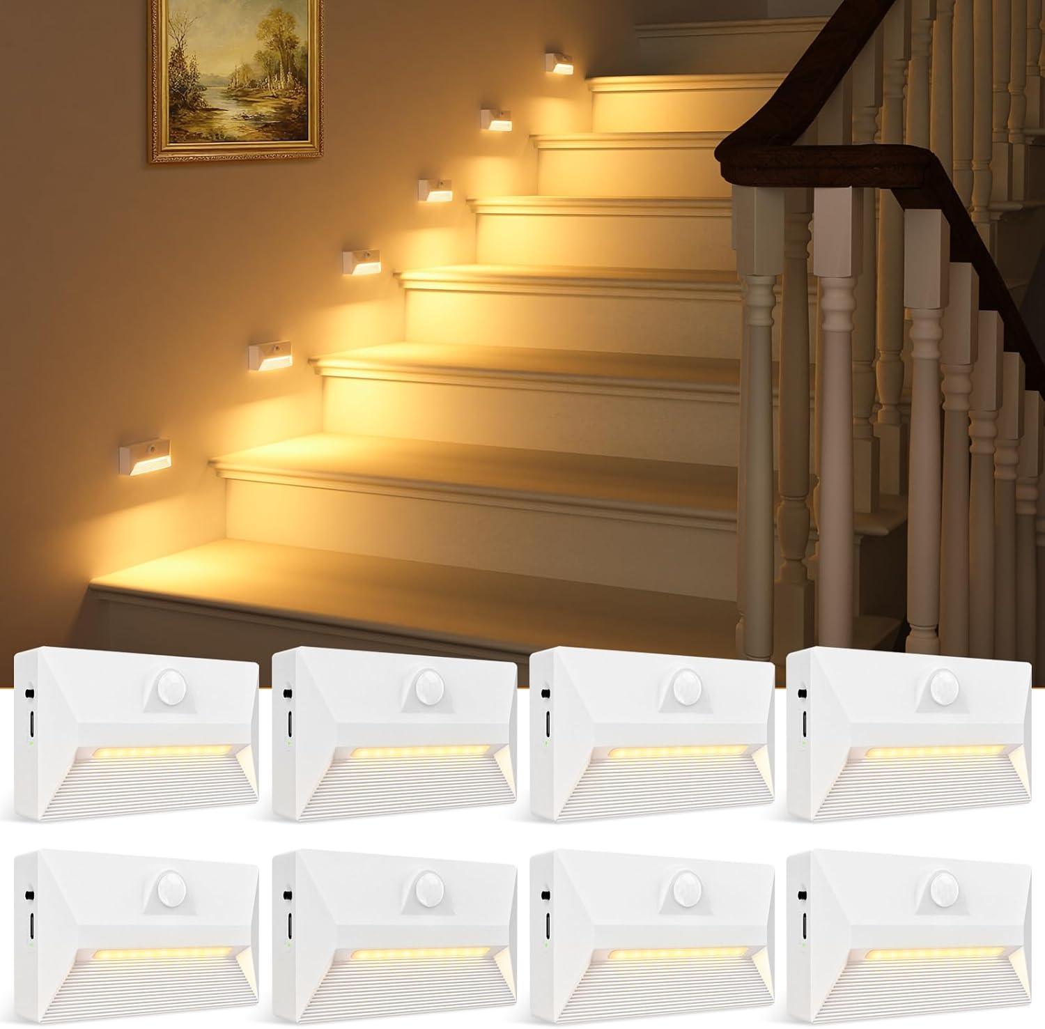 VOLISUN Motion Sensor Stair Light Rechargeable 6 Pack, Night Lights 3 Modes & 3 Color Temperatures, Magnetic Rechargeable Stick-On Lights for Stairs, Hallway, Cabinet(Black)