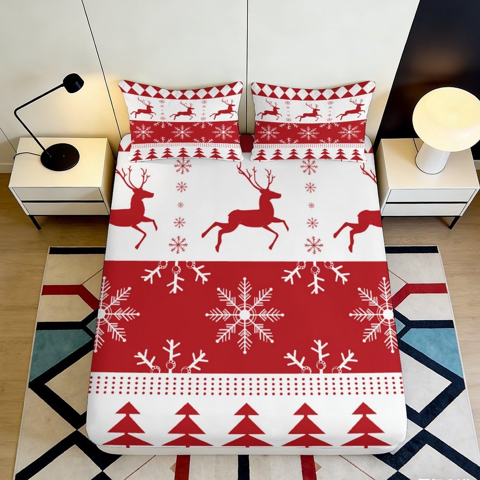 3D Printed Christmas Reindeer Fitted Sheet Microfiber Soft Breathable Snowflake Bed Cover for Bedroom Dormitory Guest Room Mattress Protection 140x200x25cm