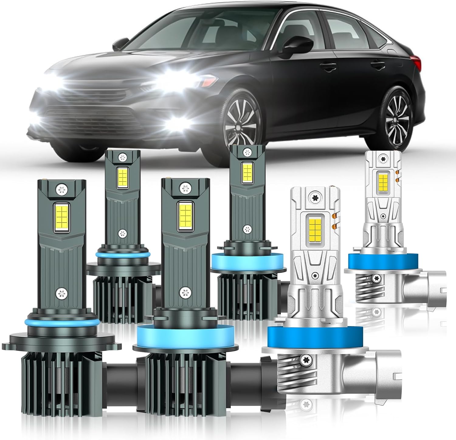 Fit for Honda Civic 2016-2022 Light Bulbs, High/Low Beam Fog Light Bulbs Combo, 800% Brightness, 6000K Cool White, Plug and Play, Pack of 6