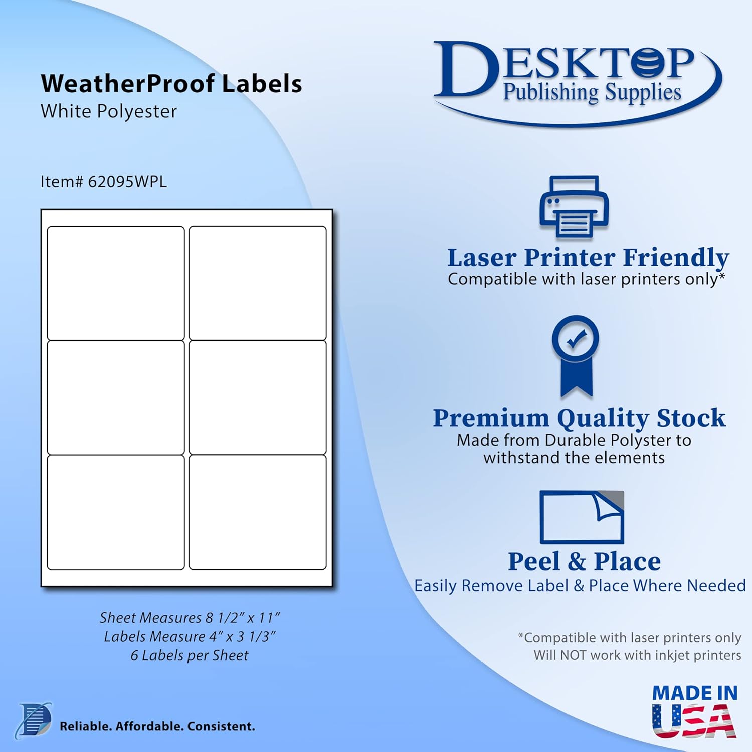 300 Printable Waterproof Labels - 4" x 3 1/3" - 50 Sheets (6 Per Page) - Blank Polyester Weatherproof Shipping/Address/Bottle Labels - for Laser Printers