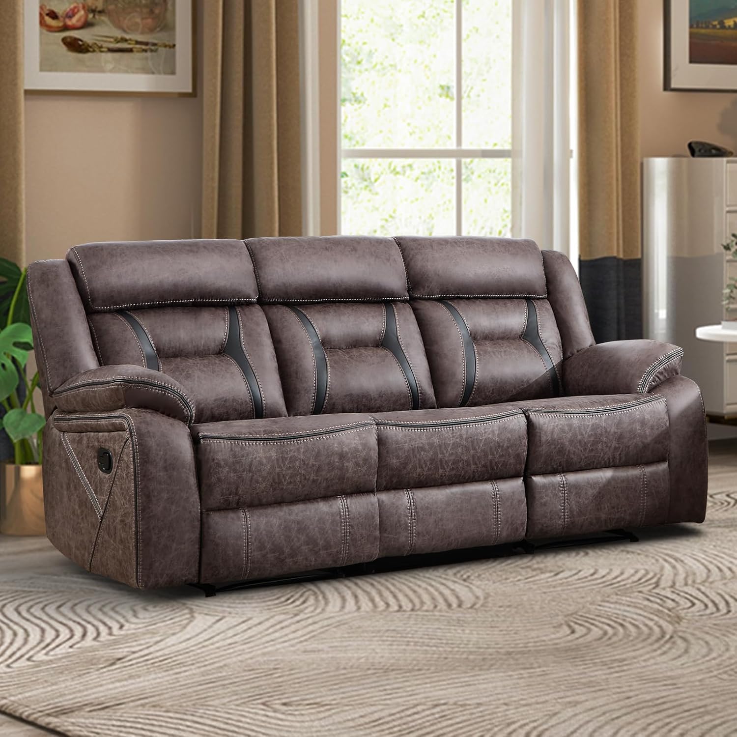 EBELLO Faux Leather Manual Reclining Sofa, 3 Seat Recliner Sofa Chair, Couch Furniture for Living Room, Furniture, Meeting Room, Dark Brown (3 Seat Sofa)