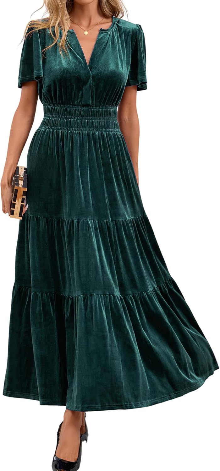 Women's Fall Velvet Maxi Dress Solid Elegant Winter Short Sleeve V Neck Elastic Waist Wedding Guest Party Long Dress