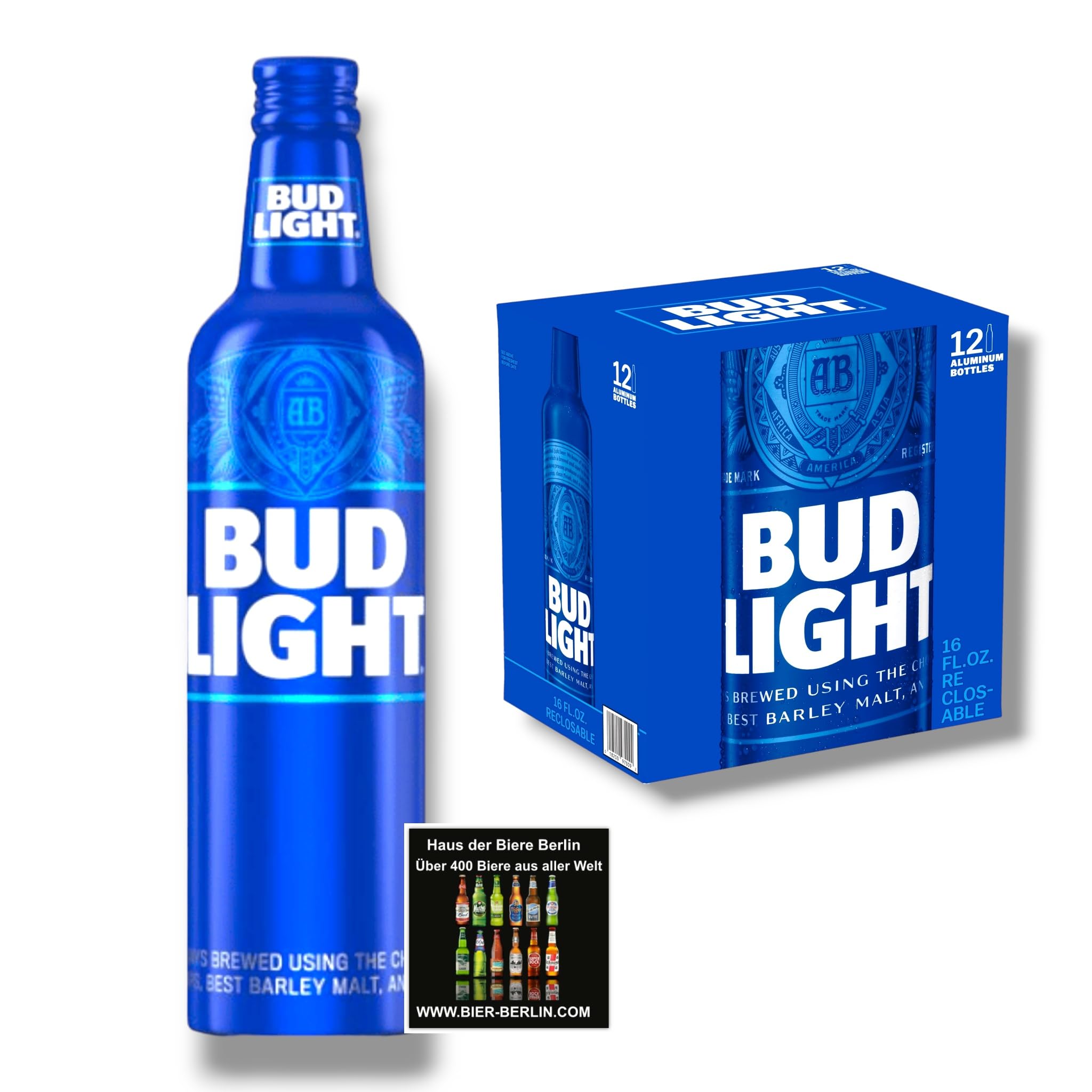 Bud Light Aluflasche 12 x 473ml - Original Import aus den USA - Twist-Off Cap - Anheuser Busch- Inkl. Haus der Biere Berlin Bierdeckel
