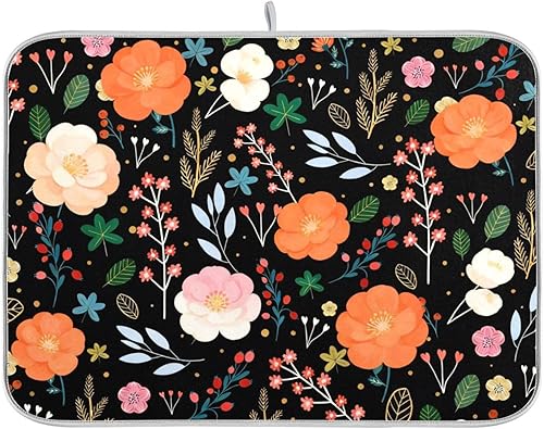 Tapete de secado de platos para encimera de cocina, flores de colores, negro, absorbente, tapete de secado para platos, fregadero, encimera, 16 x 18