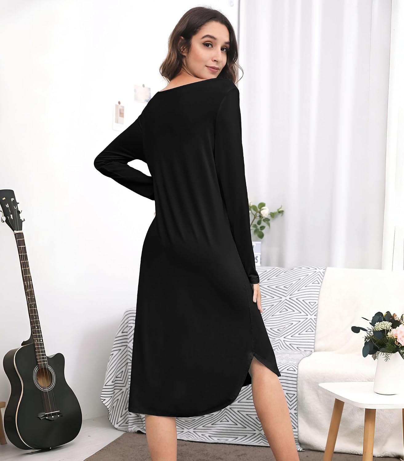 WiWi Bamboo Viscose Nightgowns for Women Soft Long Sleeve Sleep Shirt Nightshirts Cooling Pajamas Sleepwear S-4X