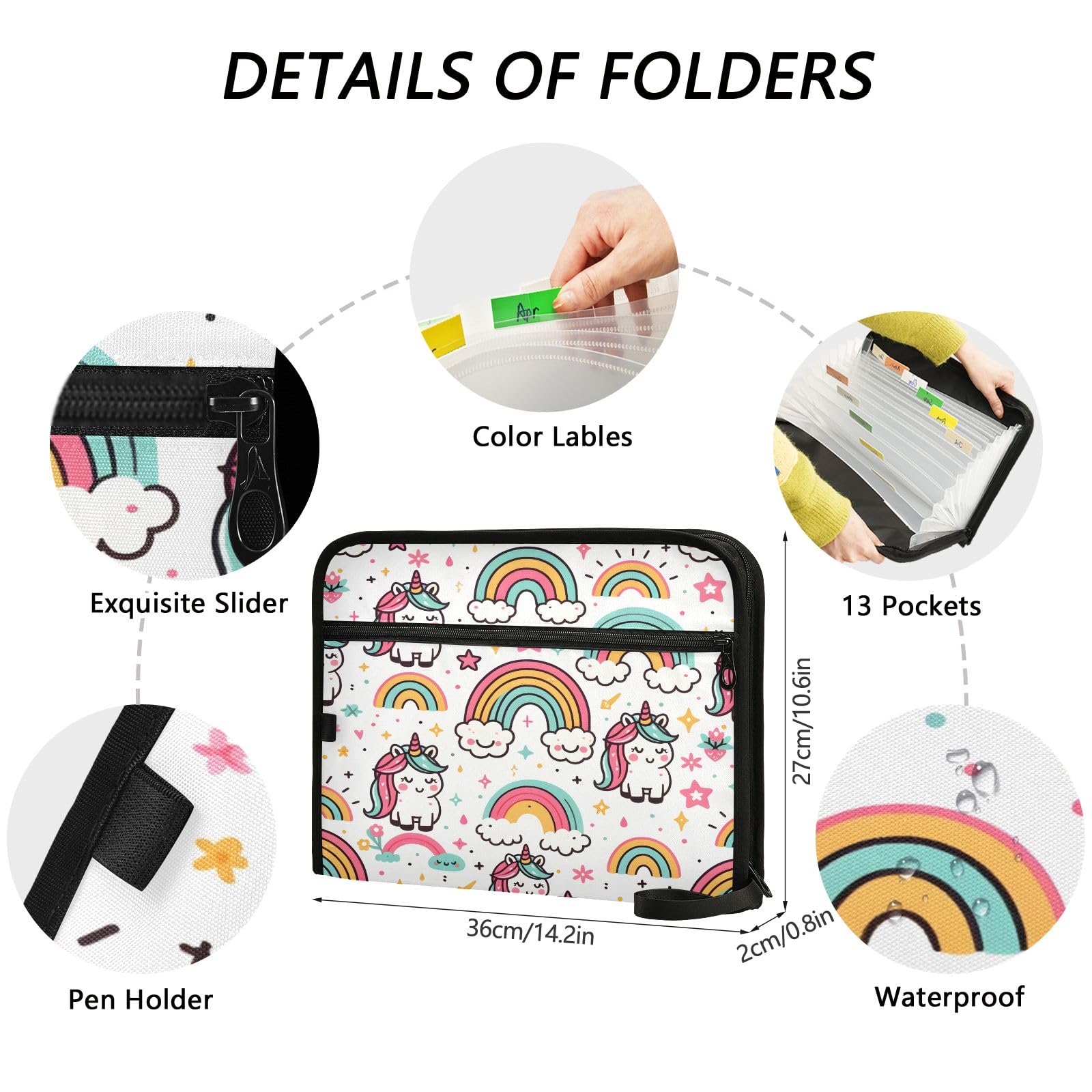 Cute Pattern with Rainbow and Unicorns 13 Pocket File Organizer Expanding File Folder with Front Pouch Portable Business Fire Storage Document Organizer Folder with Zipper - Image 3