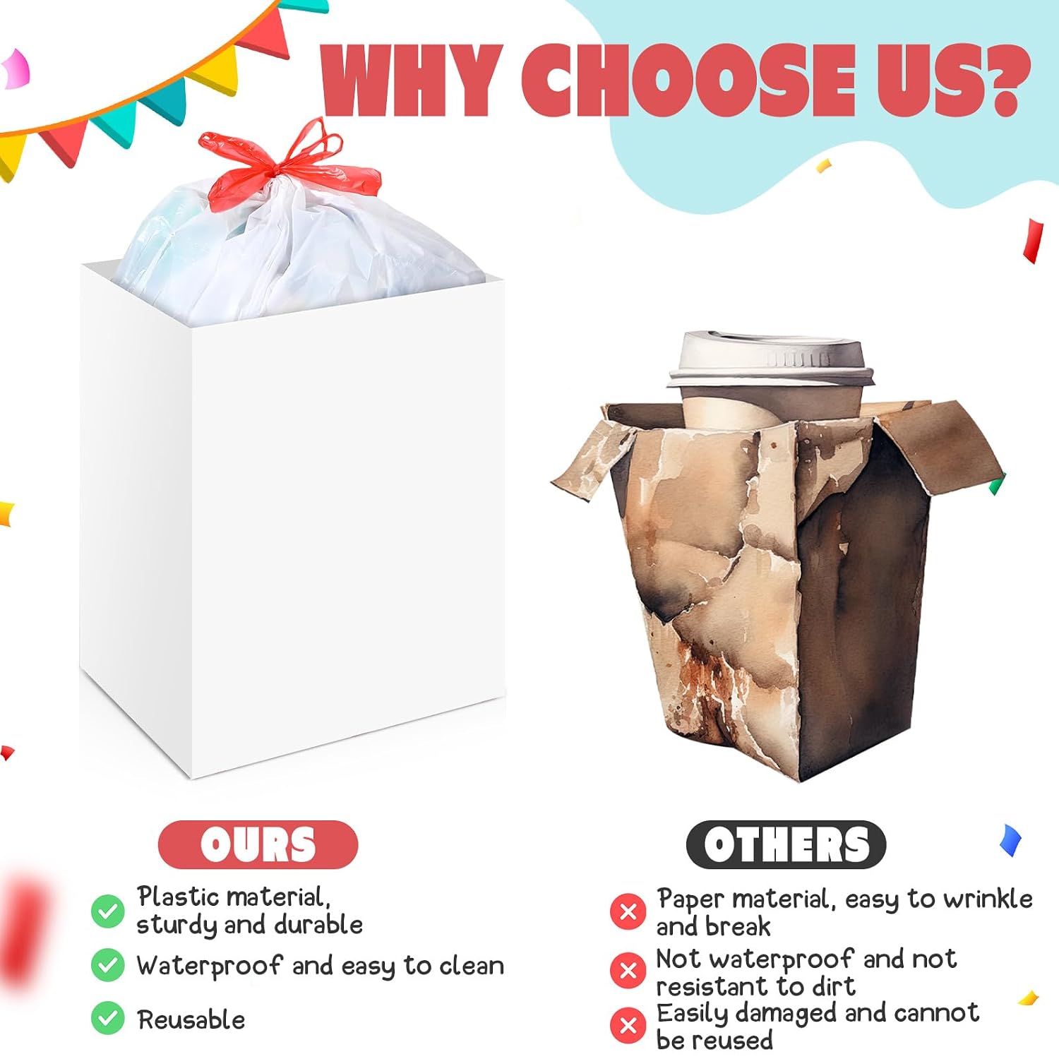 Sliner 6 Pack 13 Gallon Trash Cans Disposable Trash Cans for Parties Plastic Recycle Garbage Bins for Kitchen Birthday Wedding Party Outdoor Events,17.7" Tall x 10.2" Wide 13.4" Deep(Solid Style)