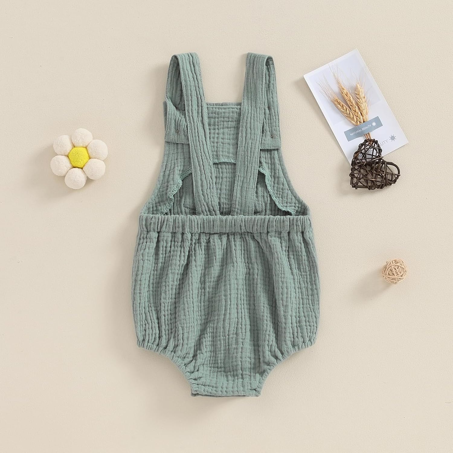 Sasaerucure Baby Cotton Linen Overalls Solid Color Sleeveless Square Neck Backless Romper for Boys Girls - Image 5