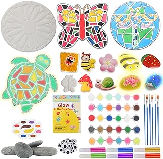 43Pcs Arts and Crafts Painting Kit with 24 Vibrant Acrylic Paints &12 Glow in The Dark Color,4Pcs 5-Inch Stepping Stone &12Pcs Creativity Stone - Paint Your Own Stepping Stones for Kids