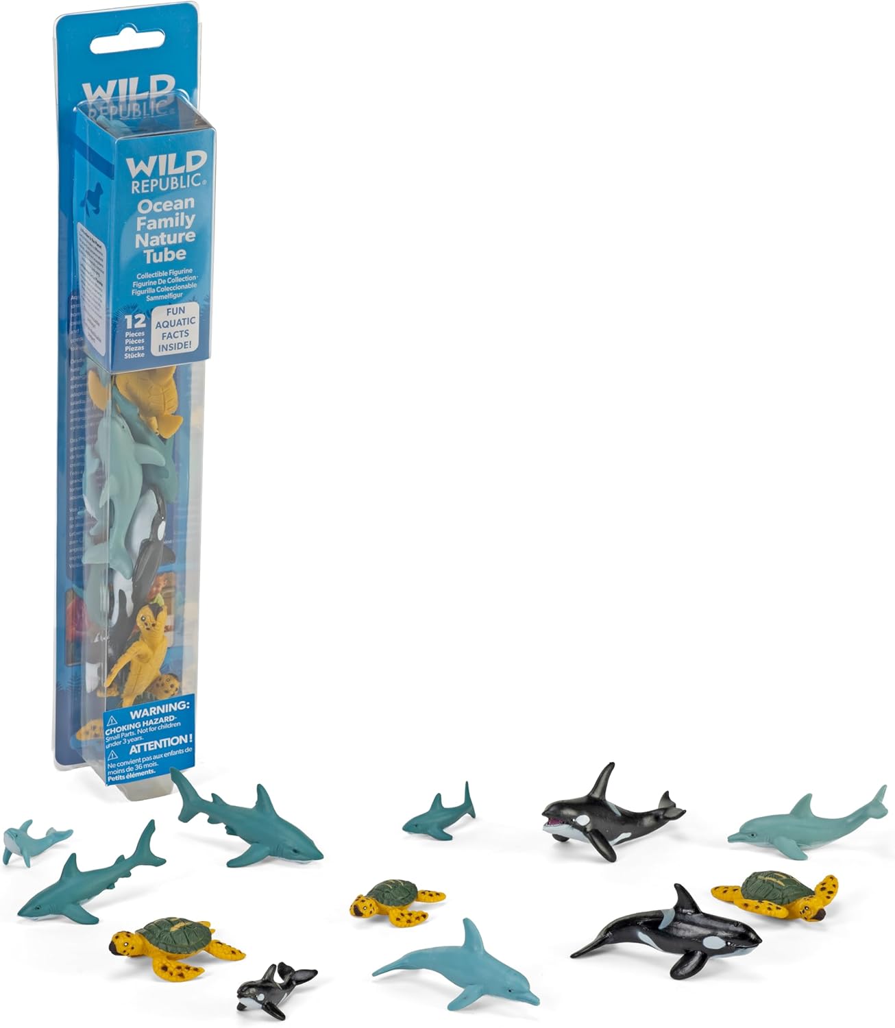 Wild Republic Aquatic Family Animal Figurines Tube, Ocean Toys, Shark, Dolphin, Sea Turtle, Orca, Sea Life Families Collection