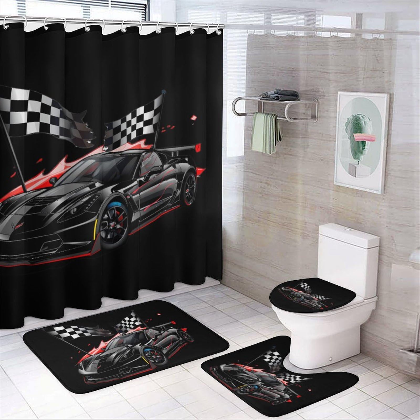 CGSBNGHA Car Racing Automobile Sport Racer Checkered Flag Shower Curtain Set 4 Piece Bathroom Sets with Rugs Toilet Lid Cover And U-Shaped Floor Mat