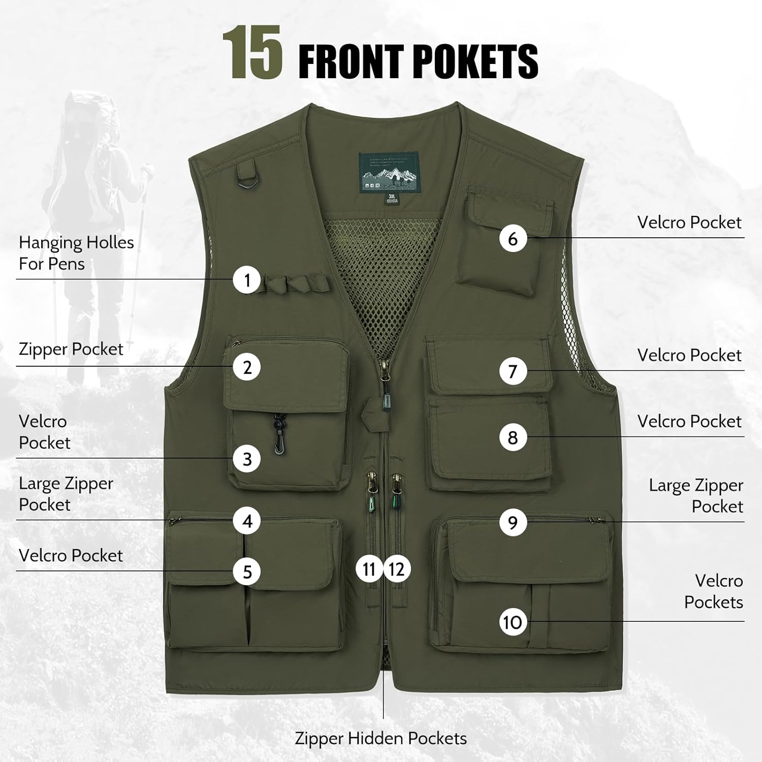 AOTORR Mens Outdoor Work Safari Cargo Photo Travel Fishing Vests for Men with Multi-pockets - Image 3