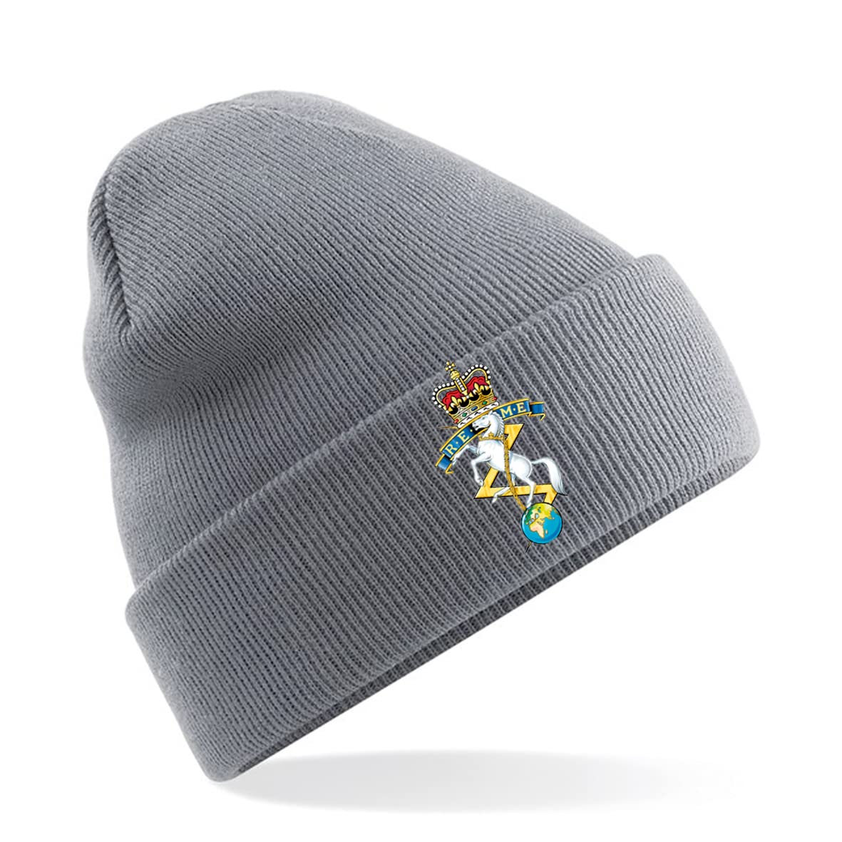 Psave Men's Grey Royal Electrical And Mechanical Engineers Reme Insignia Premium Embroidered Beanie Hat, Bob Hat British Army Military (Grey)