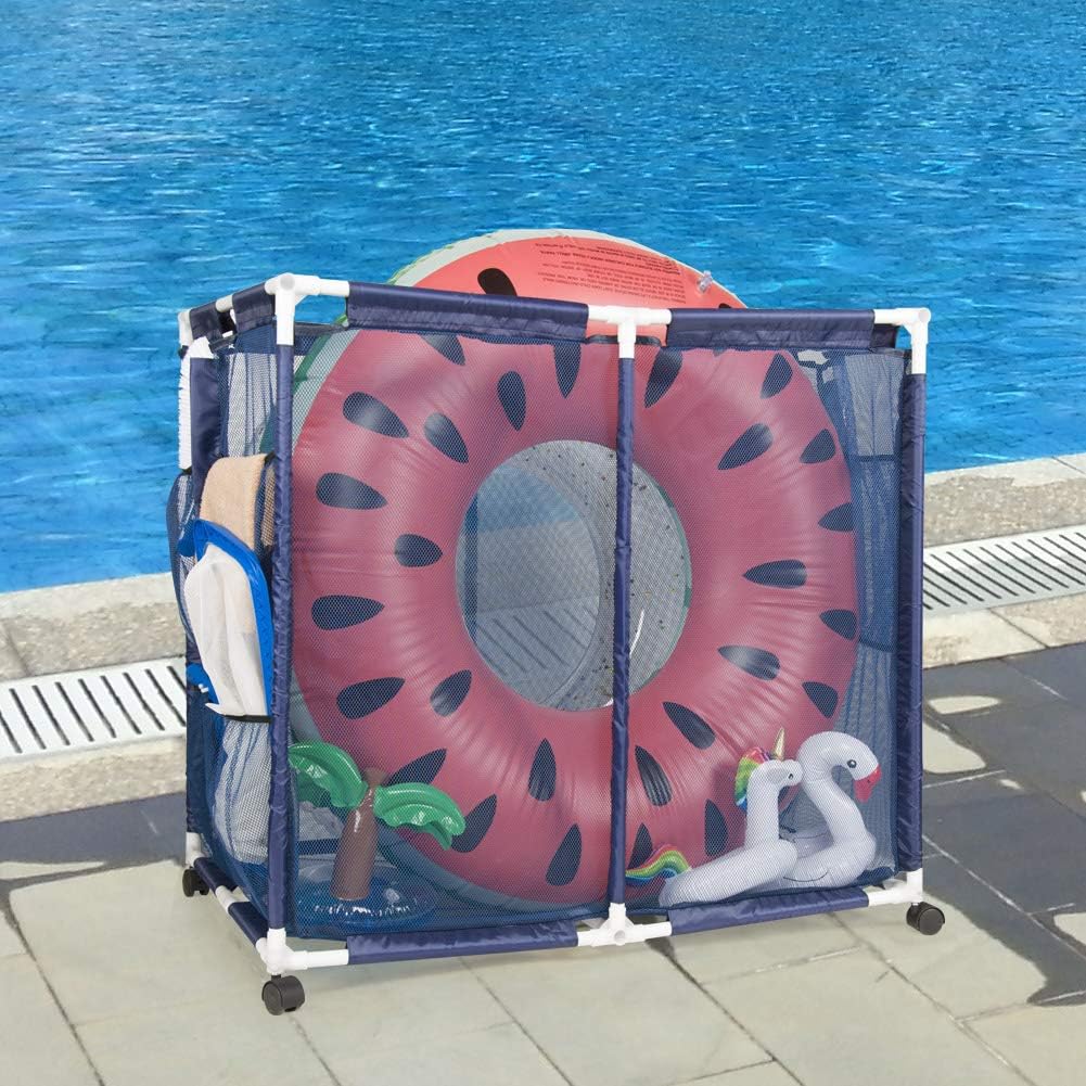 Kyrieval Blue Large Pool Storage Bin Rolling Pool Mesh Storage Container with Wheels for Toys Waterproof UV Resistant Pool Storage Cart
