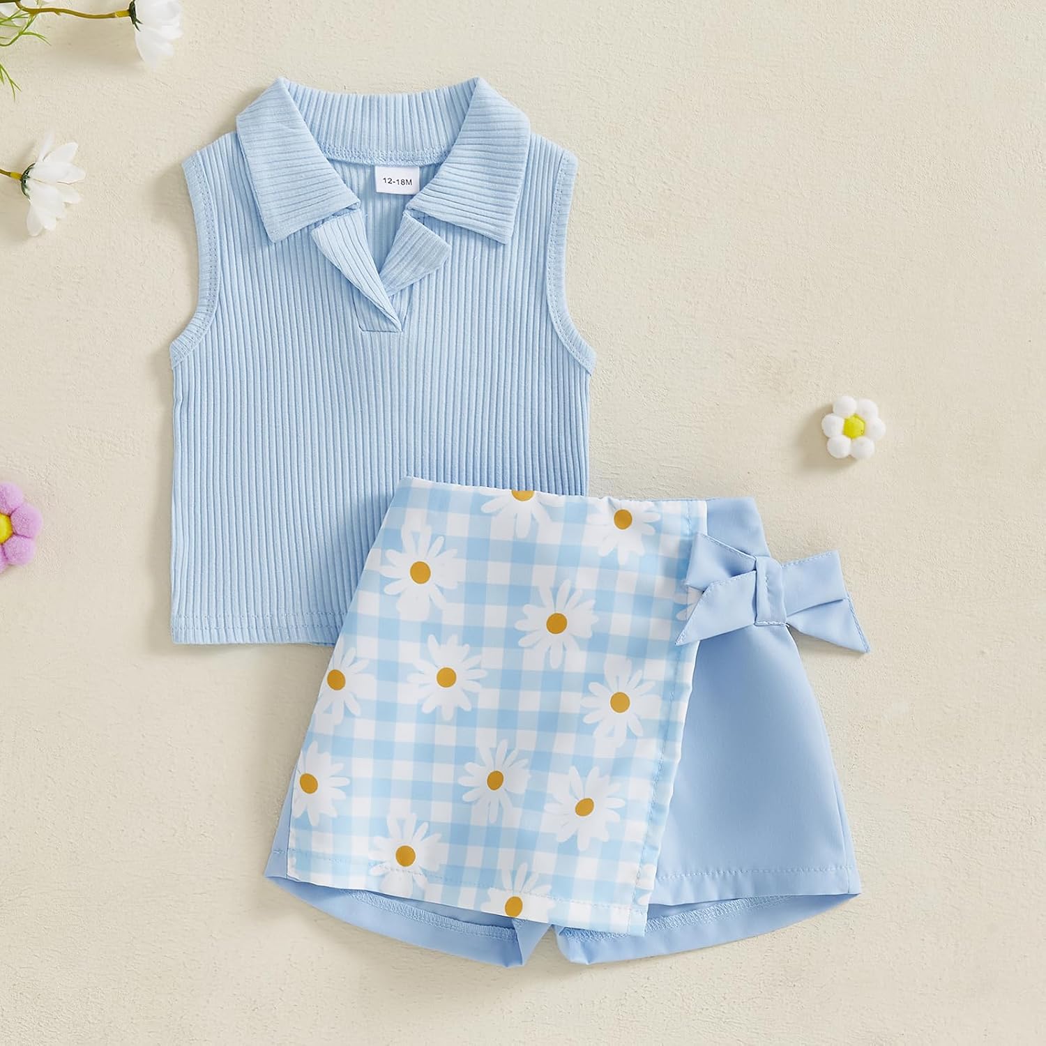 Gaono Toddler Baby Girl Summer Clothes Sleeveless Ribbed Tank Tops And Daisy Plaid Mini Skirt Set 2 Piece Skort Oufit