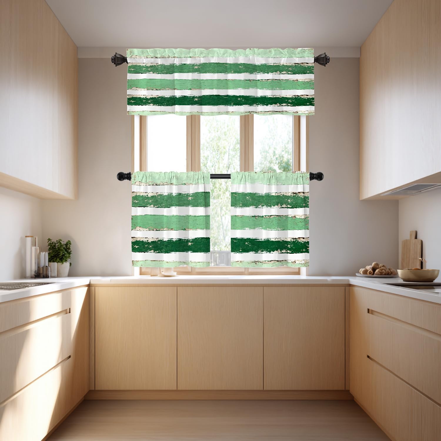Apple Green Brushstrokes Blackout Kitchen Curtains,Apple Green with White Stripe Short Curtains for Windows Insulated Thermal Bathroom Window Curtain 1 Pack 52X18 Inches
