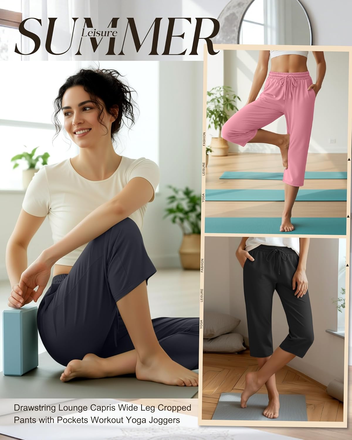 Huukeay 3 Pack Women's Capri Pants, Drawstring Lounge Capris Wide Leg Cropped Pants with Pockets Workout Yoga Joggers - Image 5