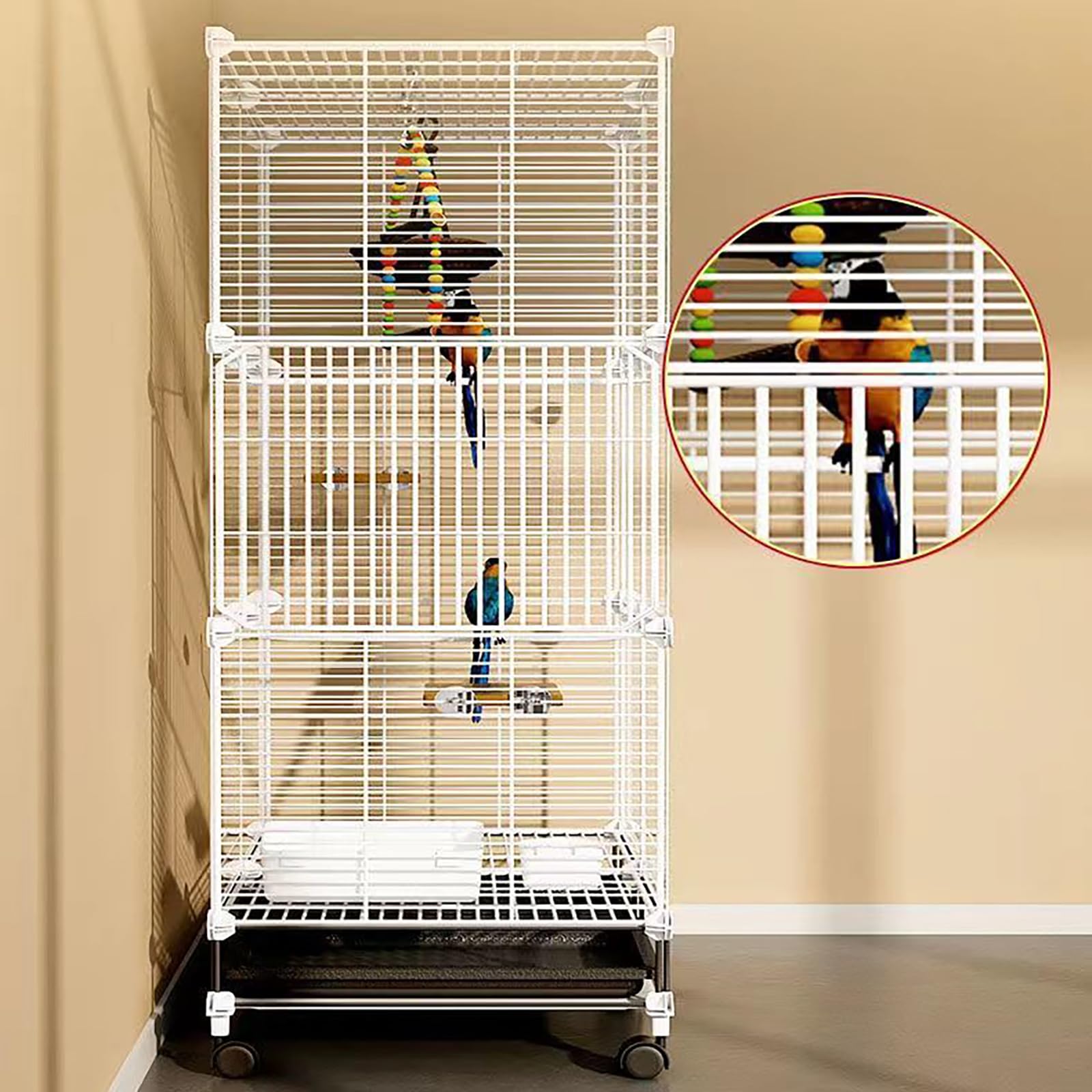 Jaula para pájaros con puertas, 75 x 37 x 125 cm, grande, de hierro, bandeja de suciedad, rueda universal, 6 ruedas, color blanco