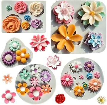 5Pcs Flower Silicone Molds Small Flower Chocolate Mold Daisy Rose Flowers Fondant Molds for Cake Cupcake Decorating Sunflower Leaves Polymer Clay Resin Mold Soap Ice Cube for BakingWhite