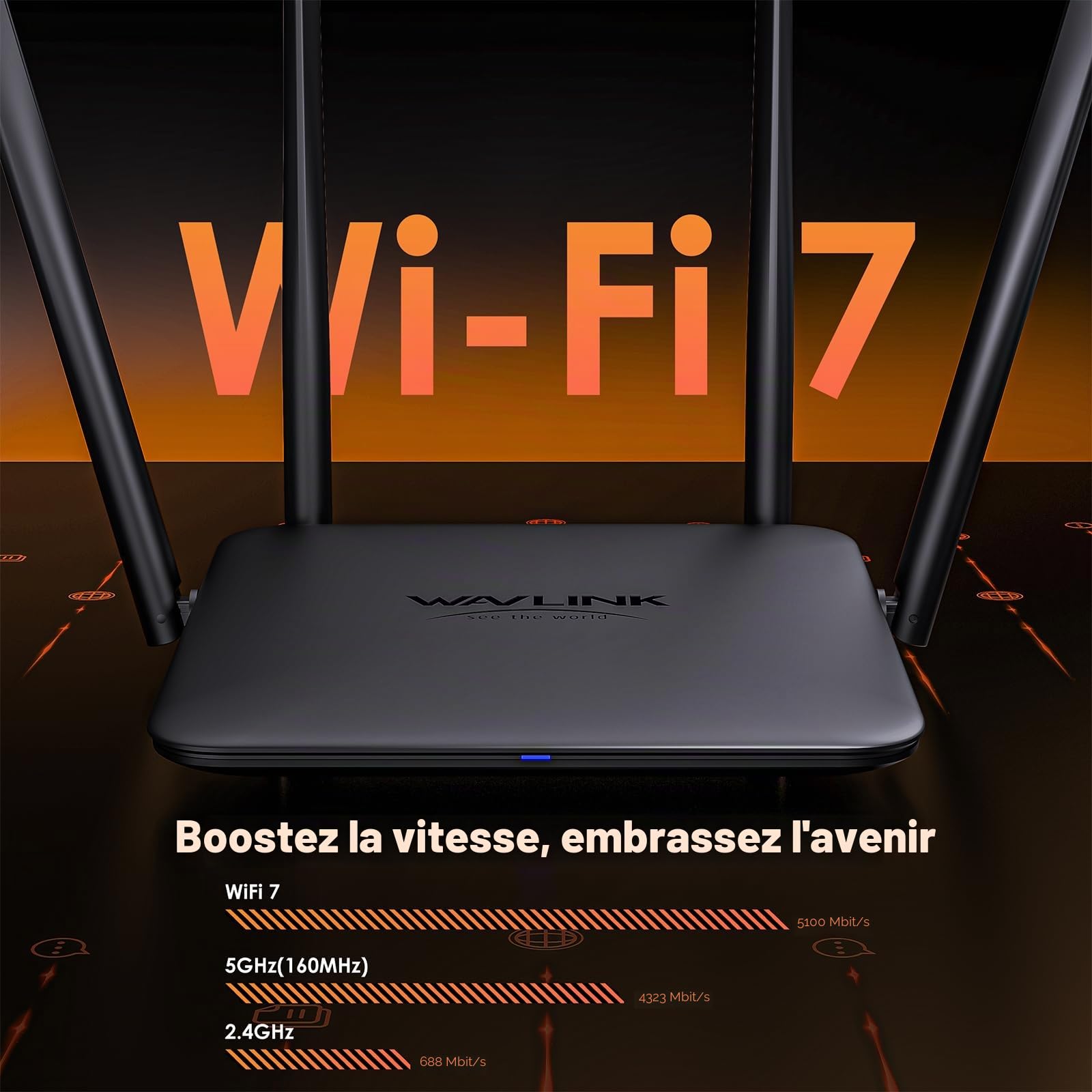 Routeur WAVLINK BE5100 WiFi 7, Routeur Gaming Double Bande, Prise en Charge 2,5G WAN, 4 LAN Gigabit, Mix WPA2/WPA3, WiFi Invité, Contrôle Parental, QoS, MU-MIMO, IPv6 & VPN Avancé pour Maison