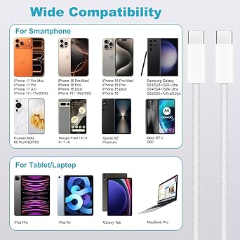 2m USB C to USB C Cable for IPhone 17/16/15,Fast Charger USB C for IPhone 17 Air/17e/16 Pro Max/15 Plus/16E,Long Charging Lead for iPad Pro 10/11th,Google Pixel 11/10/9/8/7,Samsung Galaxy Z Flip 4/5/6