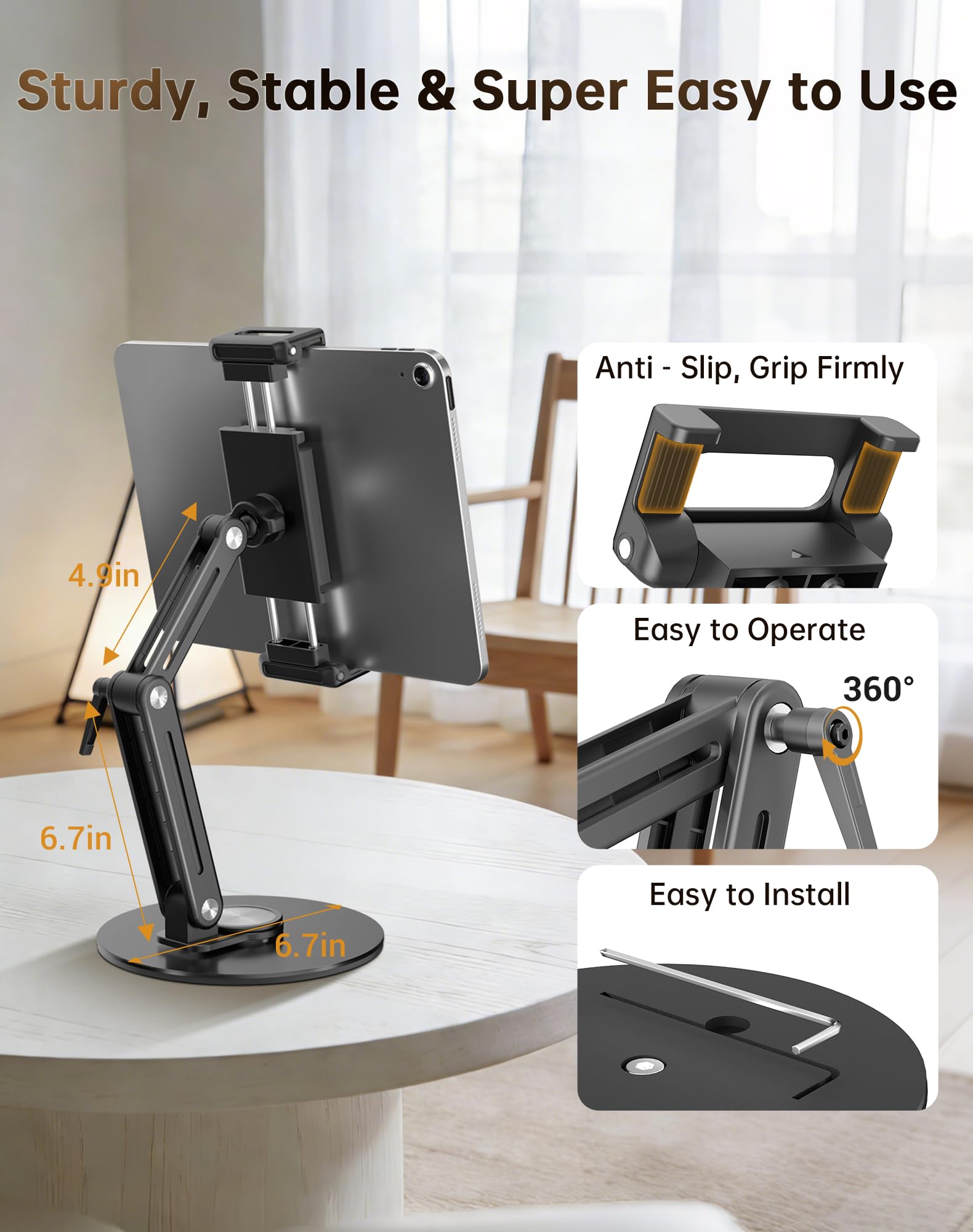 Supporto portatile per monitor e tablet, robusto supporto in alluminio, base girevole a 360°, capacità di carico di 2 kg, pieghevole per iPad da 4,7-18,5 pollici, tablet, monitor, cucina e viaggi