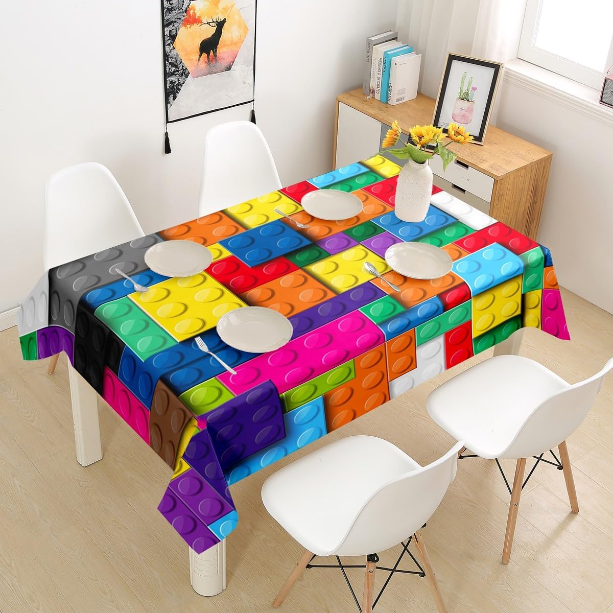 Construction Tablecloths 3D Building Blocks Table Cover 55"x71",Colorful Table Clothes Kids Boys Bricks Table Accessories Gradient Rainbow Gaming Kitchen Decor,Blue Orange Yellow Green Magenta