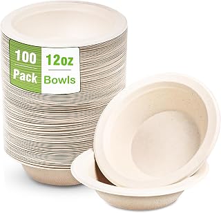 100 Pack Disposable Paper Bowls, 12oz Compostable Paper Bowls Biodegradable Soup Bowls Bulk, Eco-Friendly Natural Bagasse Bowls for Salad Snacks Soup