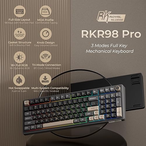 Miniatura 2 de RK ROYAL KLUDGE R98 Pro - Teclado mecánico inalámbrico, teclado cremoso Bluetooth2.4GHzRGB con cable para juegos con teclado numérico y perilla,