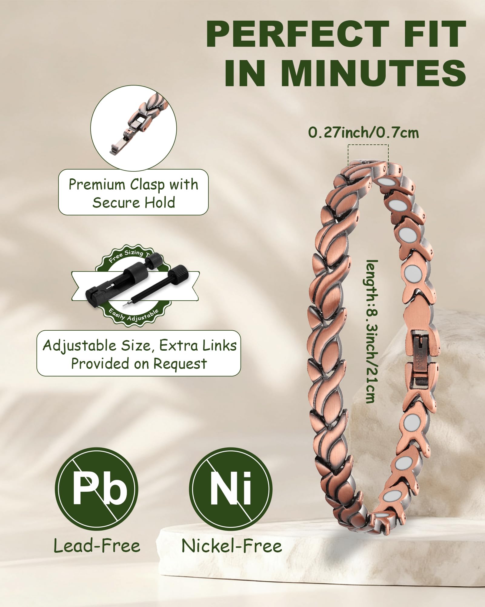MagEnergy Bracelet en cuivre pur pour femme, bijou magnétique réglable avec motif queue de poisson, cadeau élégant à porter au quotidien