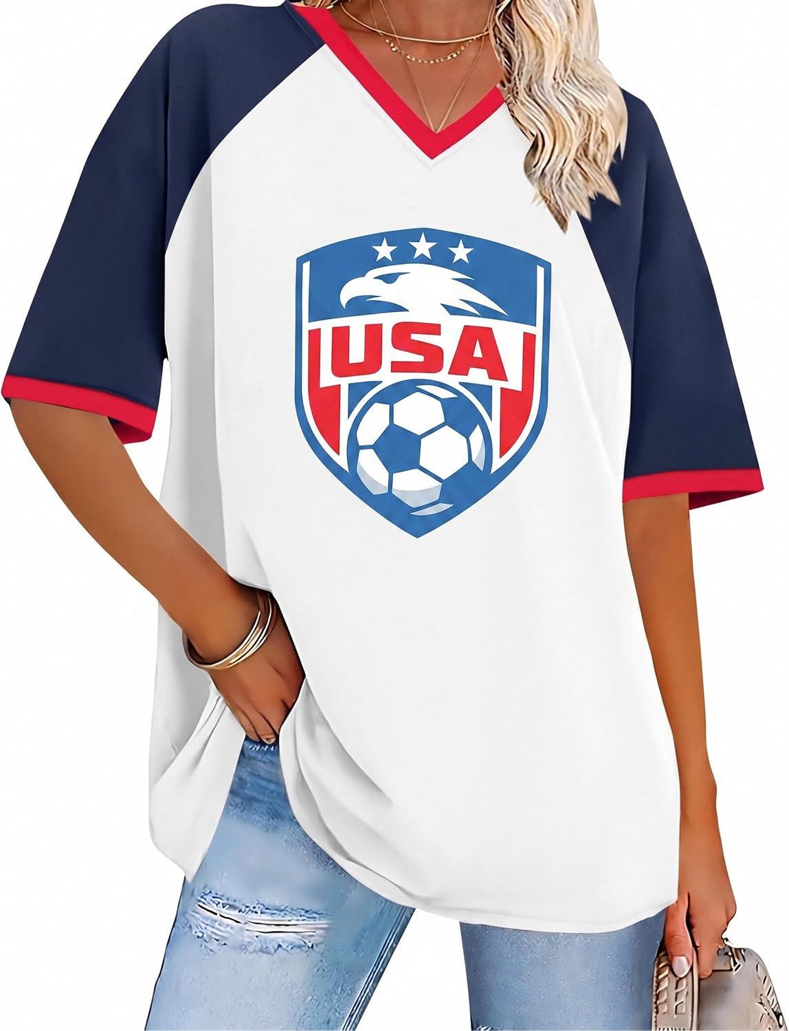 HEBBE USA Soccer Jersey Women Oversized USA Soccer Shirt V-Neck Sport Shirt