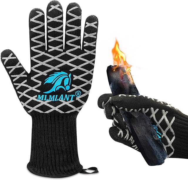 MLMLANT BBQ Gloves,1472  heat resistant gloves, Oven Grill Glove with fingers High up to 800  Heatproof Mitt with EN407 for Baking bake, Pizza, Barbecue tool, heat proof Fireproof (2 Pcs) M